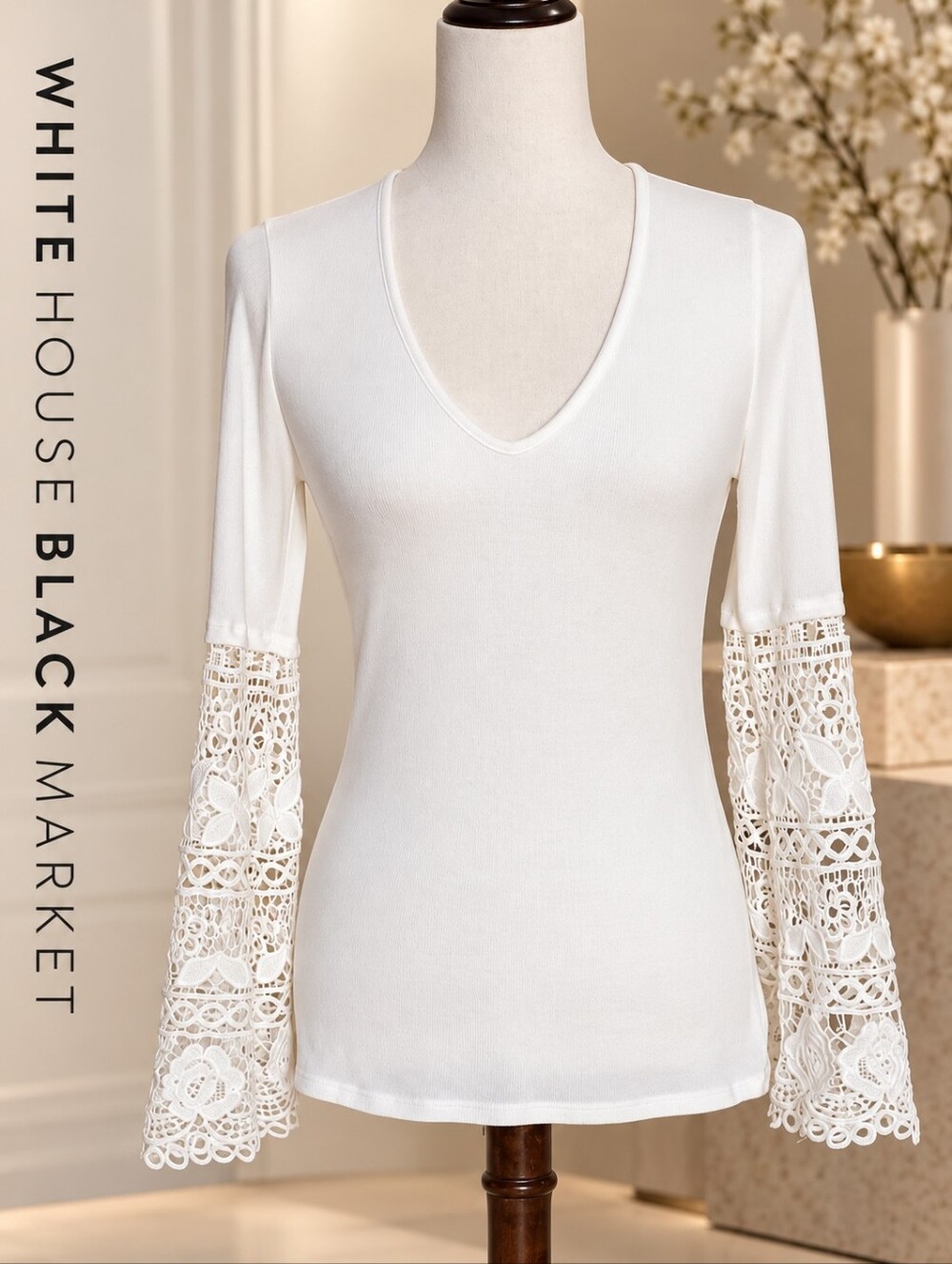 White House Black Market Lace Bell Sleeve Top | XS